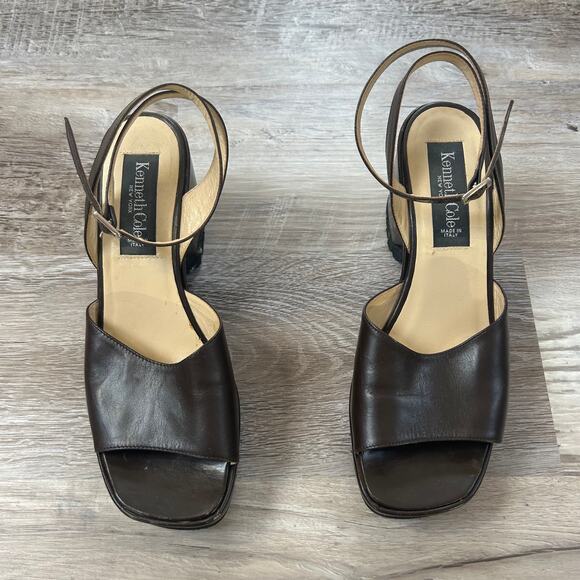 Vintage 90s Kenneth Cole NY Brown Leather Platform Wedge Sandals 7B Italy - Picture 2 of 9